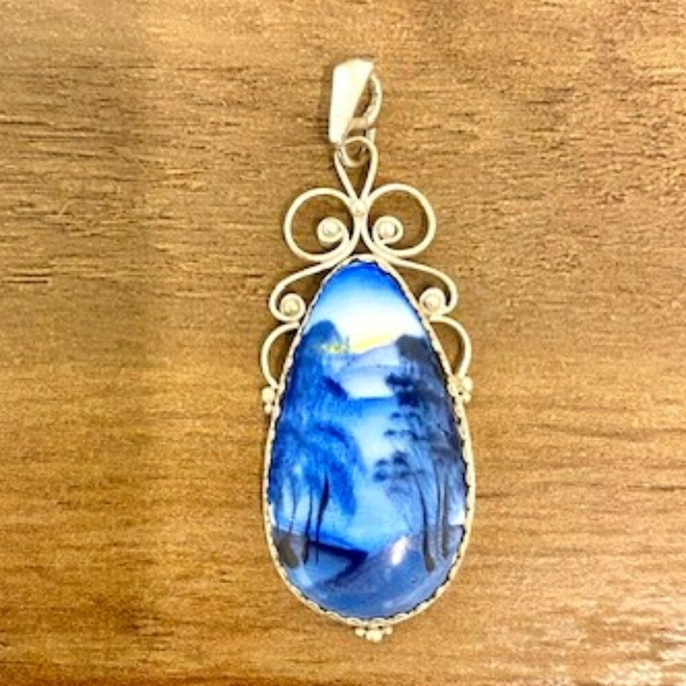 Large Filigree Porcelain Necklace Pendant / Blue, Nature, Trees / Vintage